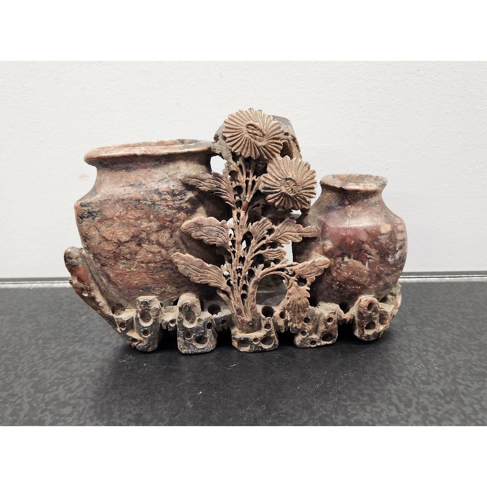 Vintage Soapstone Double Vase Hand Carved Floral Chrysanthemum Chinese ~ Good